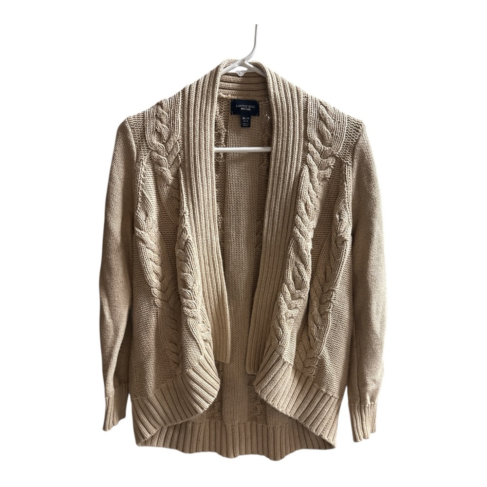Lands End Drifter Womens Cable Knit Open Cardigan Sweater Size M Beige Neutral